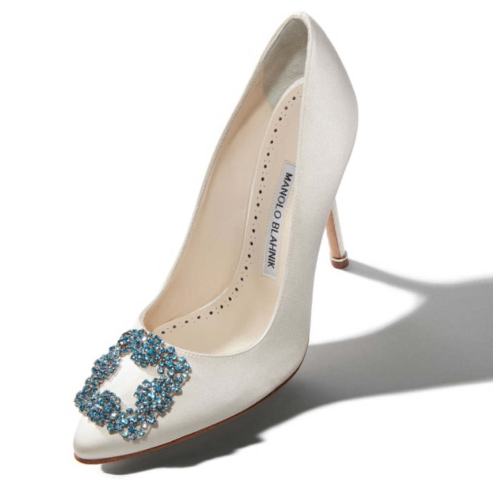 Manolo Blahnik Hangisi Bride White Satin Jewel Buckle Pumps Sz 43